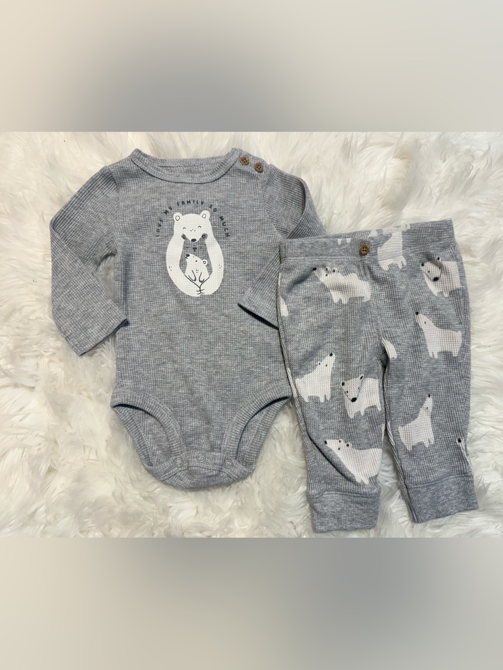 💫10/$25 • Carters Waffle Weave Gray Bear Knit One-Piece & Pants Set